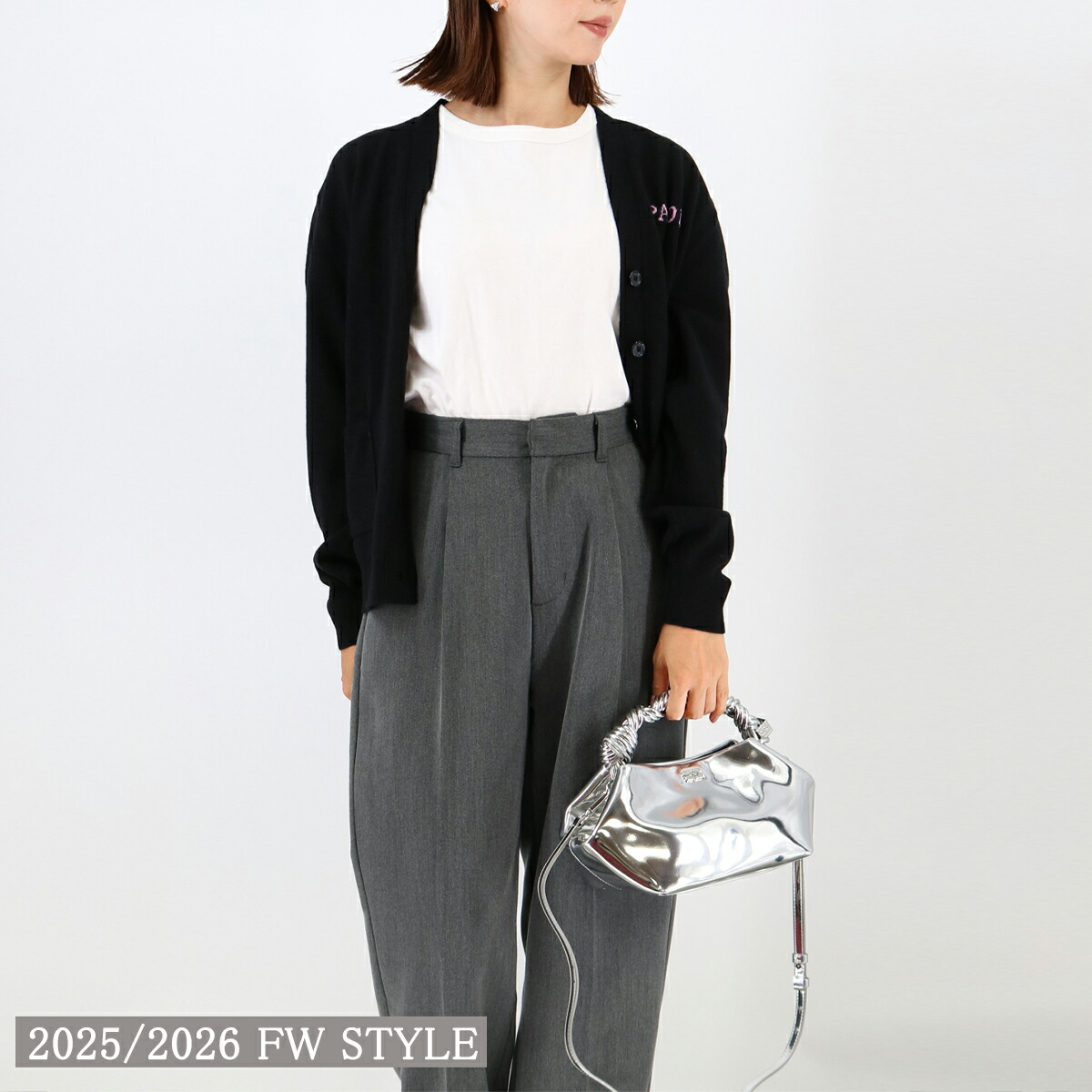 ■GANNI ガニー ハンドバッグ BOU BAG SMALL SPECCHIO A7132 Silver/018 ブーバッグ ショルダーバッグ リサイクルレザー バタフライロゴ レディース 2way シルバー ブランド
