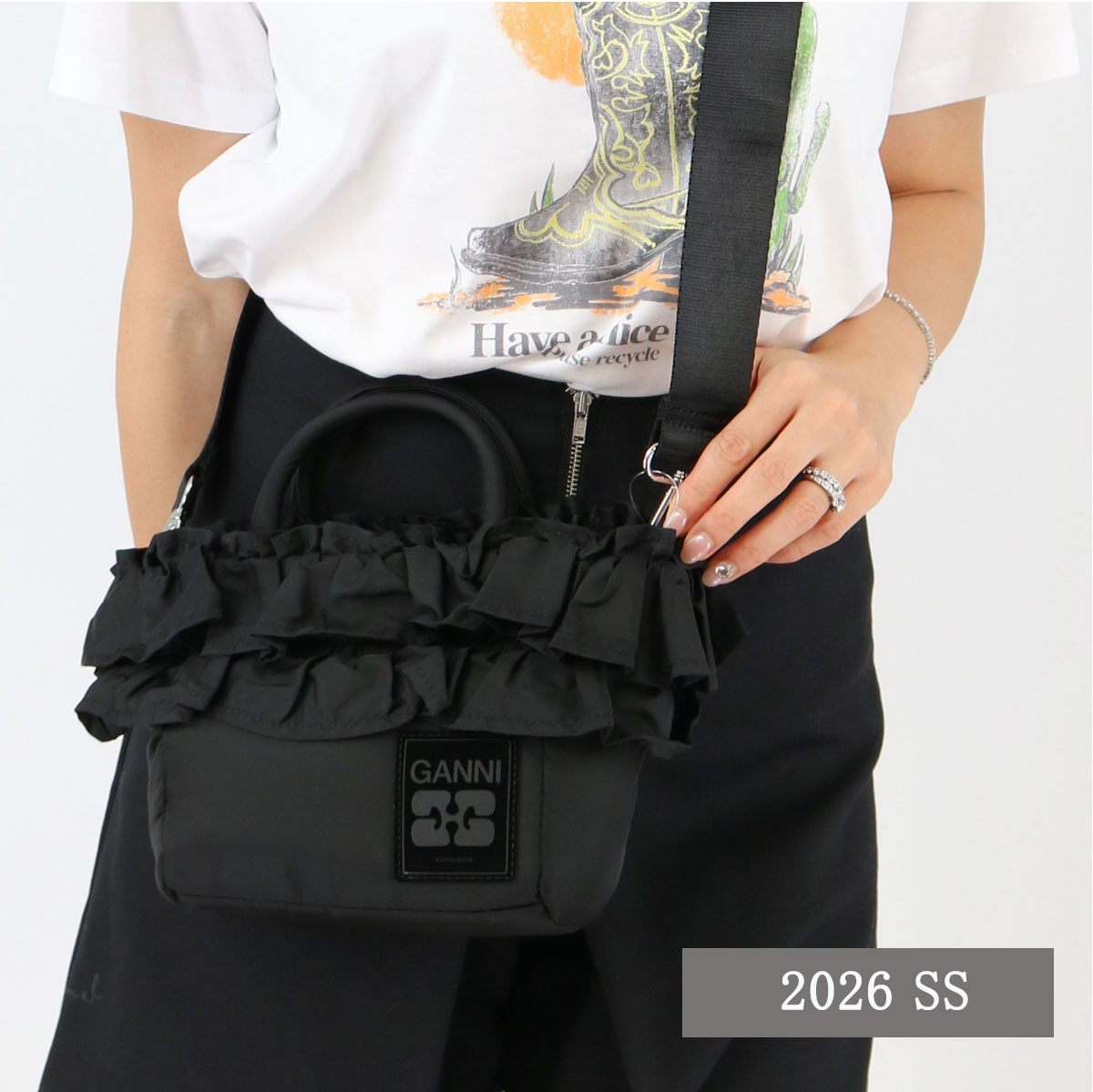 ■GANNI ガニー ショルダーバッグ A7187 Mini Shopper Ruffle ハンドバッグ 2WAY レディース フリル ロゴ ミニバッグ 鞄 ブランド