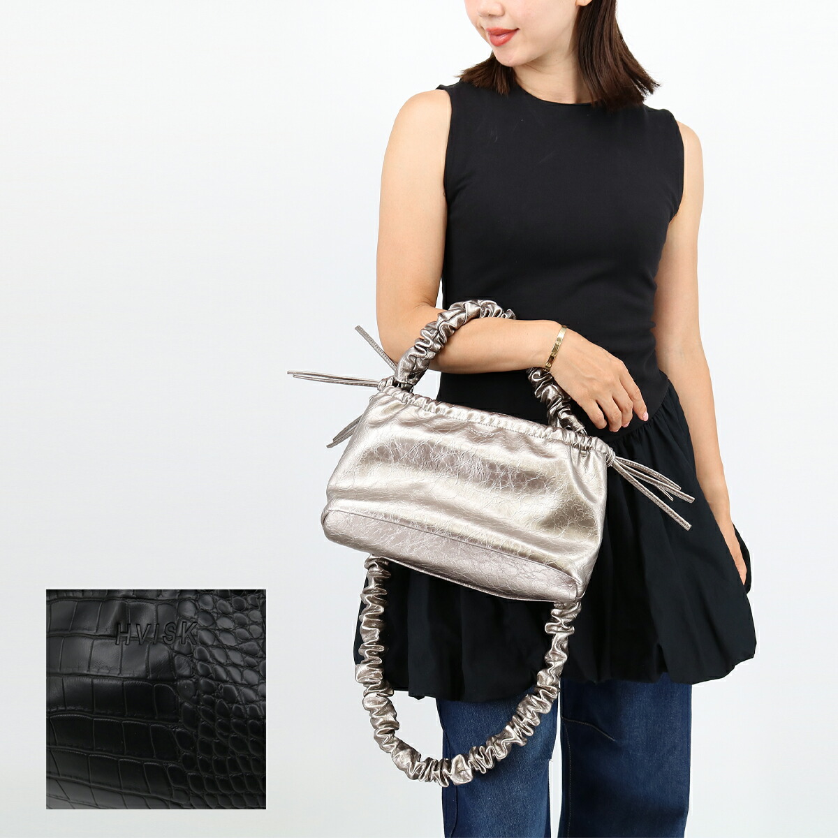 ■HVISK ヴィスク Arcadia Shiny Structure Metallic Grey MatteTrace-Black ショルダーバッグ ハンドバッグ 2way レディース クロスボディ ポシェット ギャザー 鞄 ブランドBAG