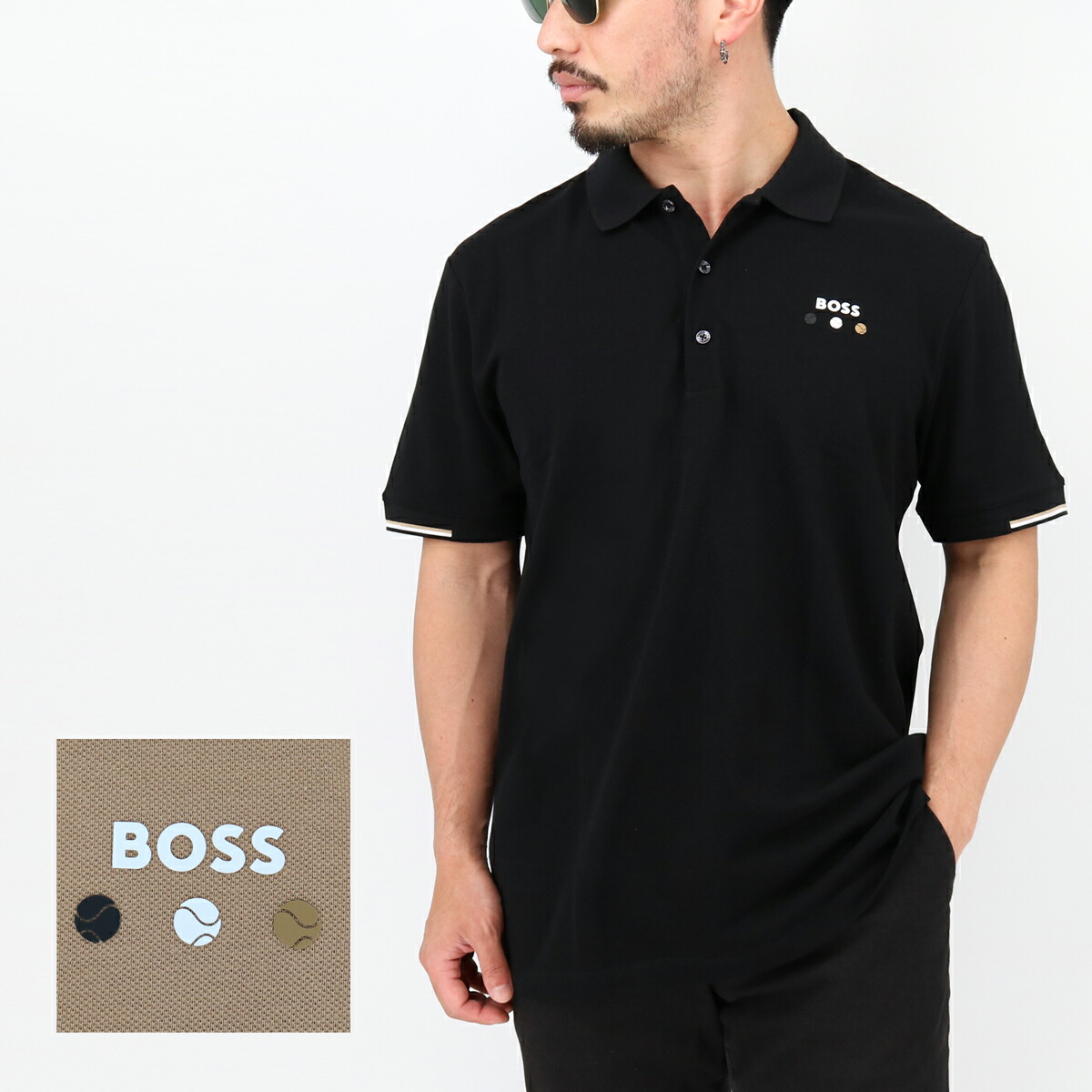 ●HUGO BOSS PORSCHE コラボ　ポロシャツ　半袖ブラック BOSS - Porsche x BOSS polo shirt in cotton with moisture
