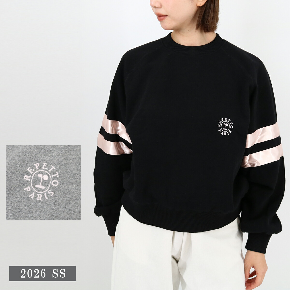 ■REPETTO レペット サテン スウェットシャツ S0573A ロゴ刺繍 クルーネック 長袖 裏起毛 トレーナー レディース トップス ブランド|SHARE’S GARDEN-シェアズガーデン
