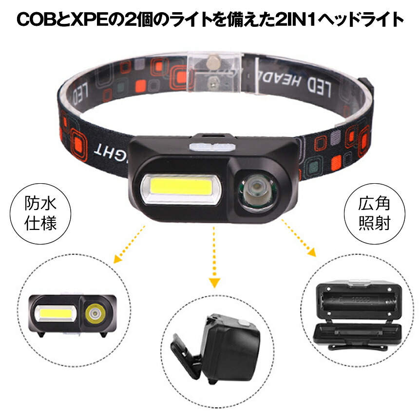 楽天市場 2個セット ヘッドライト 充電式 2in1 超強力 Led ヘッドランプ 釣り 登山 アウトドア キャンプ Cob Xpe 非常灯 Headcob Lavett