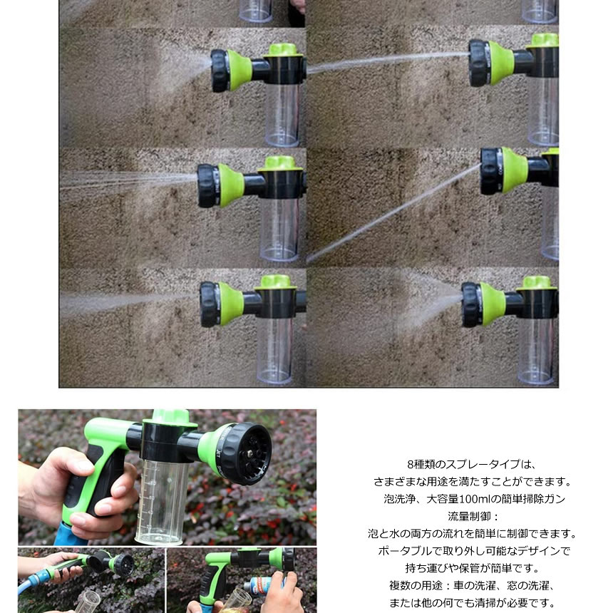 楽天市場 洗車フォームガン シャワーヘッド 高 フォームガン 8パターン散水ノズル 水 泡切り替え 洗車ガン 洗車ホース ガーデニング 自動車 バイク 室内 Yasgun Lavett