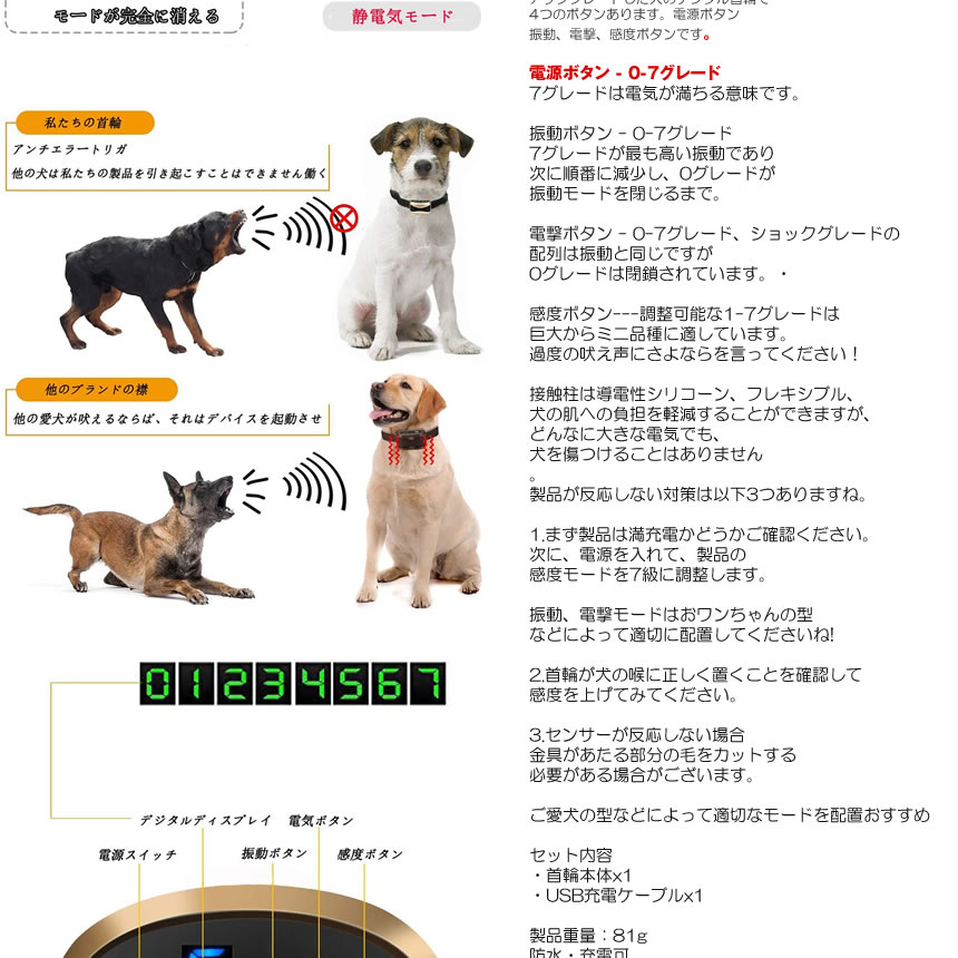 楽天市場 無駄吠え防止 首輪 全自動式 愛犬 犬しつけ Ip67防水 充電式 安全 訓練用 7段階センサー Lcdディスプレー 小型犬 中型犬 大型犬 Boemuuda Lavett