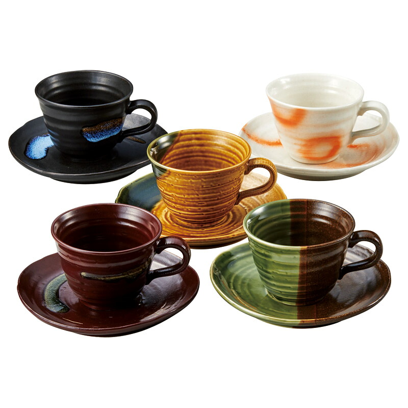 和渦紋 コーヒーカップ & ソーサー 5客 セット 手仕事 温もり 彩り 陶器