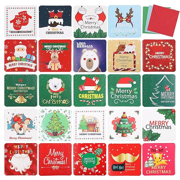 クリスマス カード ミニ グリーティングカード 24枚セット メッセージカード 封筒付き クリスマス柄 可愛い お祝い 挨拶 ギフトカード クリスマスカード (7cm*7cm 二つ折り)