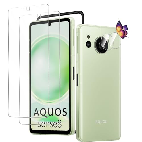 AQUOS sense8 ガラスフィルム (2枚) +カメラフィルム (2枚) SH-54D / SHG11 フイルム 強化液晶保護フィルム ワンタッチ貼付け / 気泡ゼロ / ケースと干渉せず / 硬度9H / 飛散防止 / 指紋防止 [2+2枚セット]