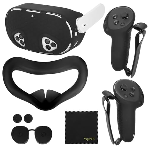 メタクエスト 3S シリコンカバーセット オキュラスクエスト3S用アクセサリー VRシリコン保護カバー コントローラーグリップカバー VRフェイスカバー レンズカバー レンズクロス付き 互換品 代替品 (ブラック)