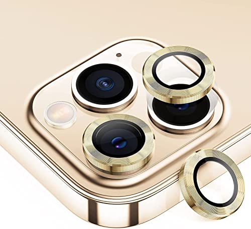 iPhone13 pro / iPhone13 pro max カメラフィルム iPhone13 pro レンズ保護カバー 薄型 強化ガラス 耐衝撃 独立型 黒縁取り 露出オーバー防止 アルミ合金 アイフォン 13プロ マックス カメラカバー ライト ゴールド [6枚セット]