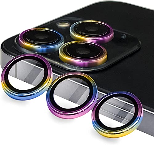 iPhone12 Pro / iPhone12 / iPhone12 mini / iPhone12 カメラフィルム レンズ保護カバー 薄型 強化ガラス 耐衝撃 独立型 黒縁取り 露出オーバー防止 アルミ合金 アイフォン 12 マックス用 カメラカバー ライト レインボー [6枚セット]