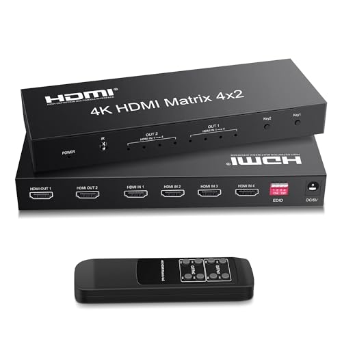 4K x 2K HDMIマトリックス セレクター 4入力2出力 音声分離器 (光デジタル・L / Rオーディオ分離) スイッチャー リモコン操作可能 3D 1080P HDR