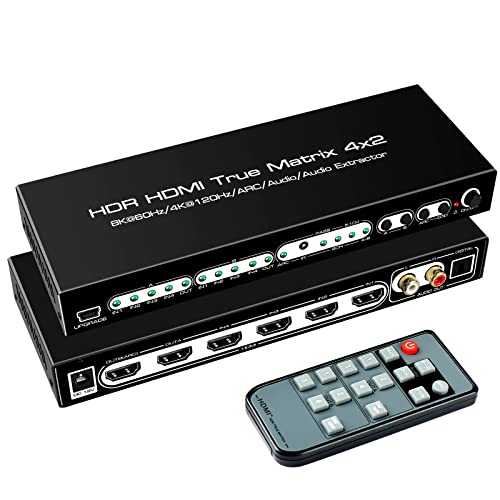[安定した版] 8K HDMI行列 4インプット2最終生産物 HDMI 2.1 4K@120サイクルうつり変わり器 音吐引きはなす器 (光デジタル・L / Rオーディオ引きはなす) ARC付き添い人HDR10 HDCP2.3 ドルビー・ビジョン・アトモス 遠隔操作捏ち上げる能力のある