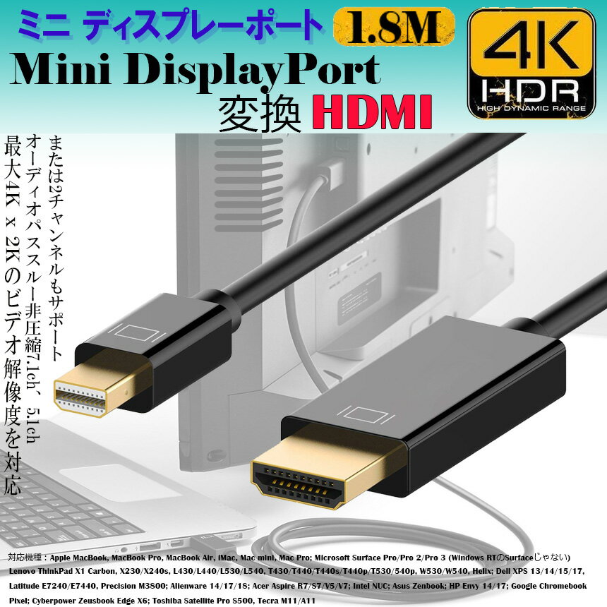 楽天市場 ミニ ディスプレーポート Mini Displayport 変換 Hdmi 4k対応 1 8m ブラック 1080p 変換ケーブル フルhd Minidis Hdmi Lavett