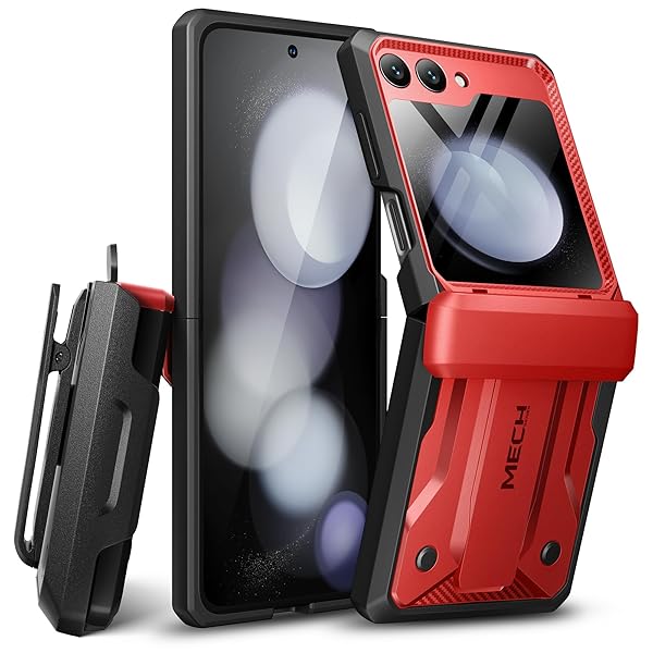 Samsung Galaxy Z Flip 5 入れもの（2023）、［蝶つがい保護すること］［外画面保護すること器と隠し脚を内蔵］軍用級防振持ちはこぶ入れもの 胴締めゼムクリップ、赤