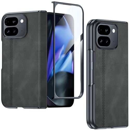 Google Pixel 9 Pro Fold ケース 手触り良き レザー製 PU革 ビジネス ヒンジ保護 折り畳み式 スクリーンフィルム一体型 レンズ保護 すり傷防止 カメラ保護 グーグル ピクセル 9プロ フォールド 5G スマホ 保護ケースカバー（ブラック） 送料無料