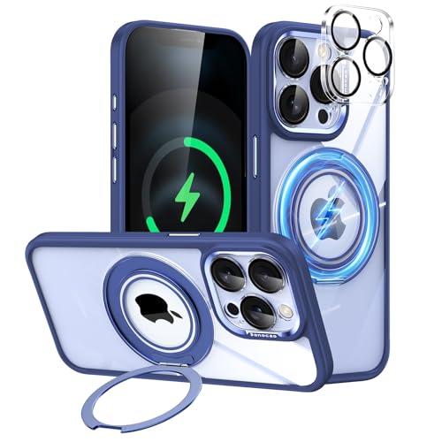 iPhone 15 Pro用ケース MagSafe360°回転リングスタンド クリア背面透明 シリコンエッジ耐衝撃 薄型 軽量 かわいい 15プロケース 自由に取付取り外すカメラカバー 4K HDガラスフィルムレンズ全面保護 マグネット搭載ワイヤレス充電黄ばみなし オシャレなiPhon...