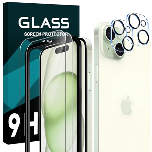 iPhone 15 Plus ガラスフイルム [2+2枚] iPhone15 plus ガラスフィルム 2枚 + レンズ保護フィルム 2枚 ガイド枠付き アイフォン15 plus 液晶 保護フィルム 強化ガラス 硬度9H 耐衝撃 飛散防止 超薄 厚さ0.26mm 気泡ゼロ 3D Touch対応 送料無料