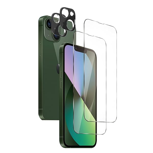iPhone13 ガラスフィルム (2枚)＋ iPhone 13 カメラフィルム(2枚・ブラック） 硬度9H キズ防止 [ガイド枠付き / ケースに干渉しない] 高透過率 飛散防止 アイフォン 13 レンズフィルム + アイフォン 13 保護フィルム 6.1インチ 対応（ブラック）