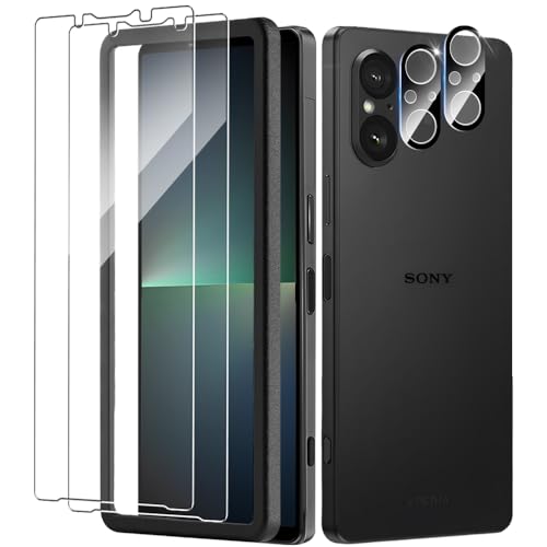 【2+2 枚セット】 Xperia 5 V ガラスフィルム (2枚) ＋カメラフィルム（2枚入り） 【ガイド枠付き】 エクスペリア5 V SOG12 SO-53D レンズ保護フィルム 全面保護フィルム 硬度9H 高透過率 飛散防止 強化ガラス 耐衝撃 指紋防止 気泡ゼロ