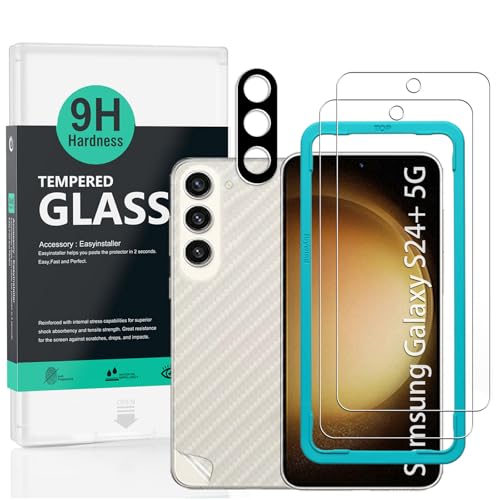 Galaxy S24+ / S24 Plus 5G 6.7 保護フィルム ガラスフィルム 硬度 9H 強化ガラス カメラレンズプロテクター 1 枚付き 背面カーボンファイバーフィルム 1 枚 傷防止 送料無料