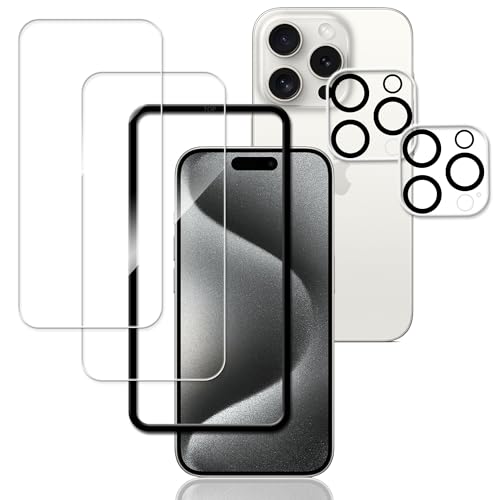 iPhone15 Pro フィルム (2枚) ガラスフィルム + (2枚)カメラフィルム + ガイド枠付き 全面 保護フィルム 強化ガラス フィルム カメラ保護 レンズカバー 対応 送料無料