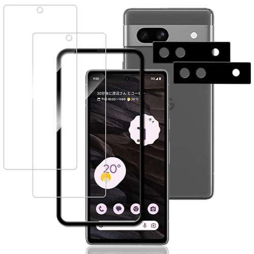 Google Pixel 7a フィルム (2枚) ガラスフィルム + (2枚)カメラフィルム + ガイド枠付き 全面 保護フィルム 強化ガラス フィルム カメラ保護 レンズカバー 対応 送料無料