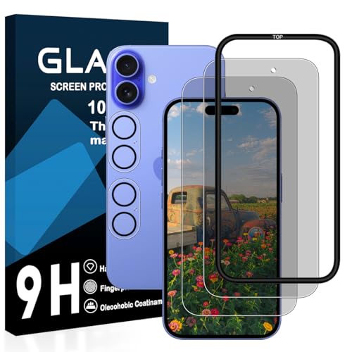 iPhone16 ガラスフィルム [2枚覗き見防止フィルム+2枚レンズ保護+ガイド枠] 横から見えない アイフォン 16 フィルム 覗き見防止 強化ガラス 液晶 保護フィルム 硬度9H 耐衝撃 飛散防止 3D Touch 高感度タッチ 指紋防止 撥油性 疎水性 自動吸着 気泡ゼロ 貼り ...