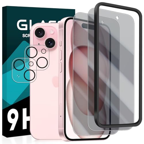 iPhone 15 Plus フィルム ＋ レンズ保護フィルム (2+2枚入) ＋ ガイド枠付き 強化ガラス 覗き見防止 対応 iPhone15Plus ガラスフイルム 対応 保護フィルム 横から見えない 3D Touch対応 ケース カバー 高光沢 硬度9H 防指紋 衝撃吸収 高透過率 飛散防止 貼り ...