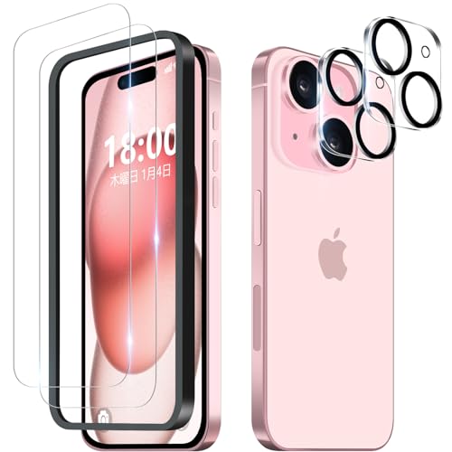iPhone15 ガラスフィルム (2枚) ＋ iPhone 15 カメラフィルム(2枚) 全面保護 硬度9H 耐衝撃 高透過率 自動吸着 気泡防止 飛散防止 撥水撥油 アイフォン 15 フィルム + アイフォン 15 カメラ保護フィルム- 6.1インチ 送料無料