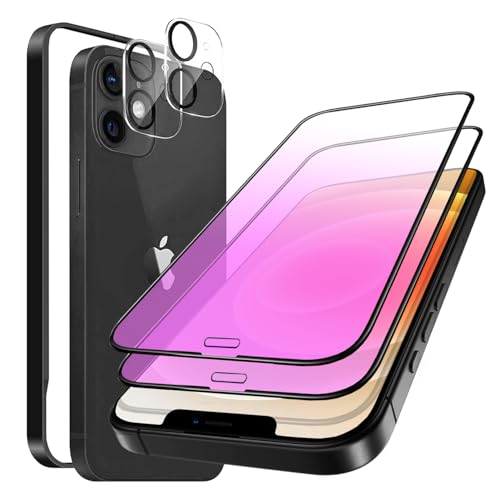 iPhone 12 mini ブルーライトカット ガラスフィルム 強化ガラス 全面保護 目の疲れを軽減 液晶保護フィルム 5.4インチ対応 気泡ゼロ 指紋防止 ガイド枠付き 貼り付け簡単 アイフォン12 ミニ 強化ガラスフィルム(2枚入り) ＋レンズ保護フィルム (2枚入り) ...