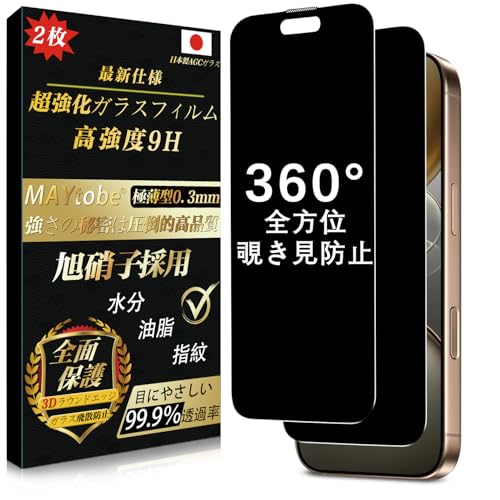 送料無料 iPhone 16 Pro Max ガラスフィルム 覗き見防止 (2枚) 全面保護 全方位覗き見防止 硬度9H 超耐久 極薄 99%高透過率 耐衝撃 気泡なし 指紋防止 飛散防止 撥水撥油 自動吸着 貼り付け簡単 アイフォン16プロマックス ガラスフィルム 360