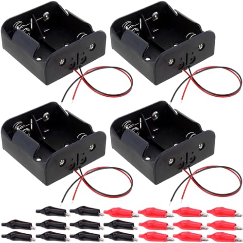 D セルバッテリーホルダー ワイヤー 2 本付き 70 x 70mm 3V D サイズバッテリーケースボックス ワイヤーリード付き ワニ口クリップ付き (4 パック)