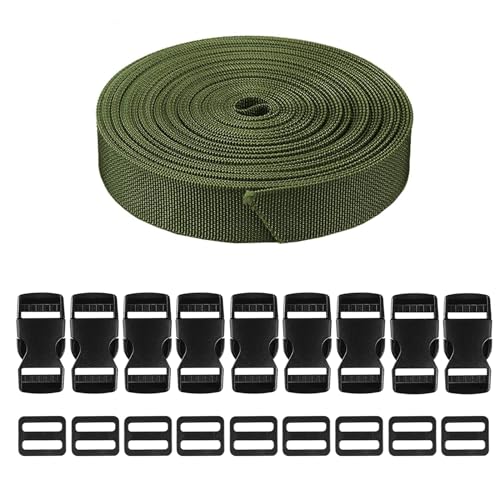 サイドリリースバックル PPベルト ベルト送り 10セット 25ｍｍ×10ｍ ワンタッチ式バックル スーツケースベルト 荷崩れ防止 ベルト ワンタッチ式ロックプラスチックロック10個入り 荷締めベルト 作業用ベルト 調整可能 (緑)