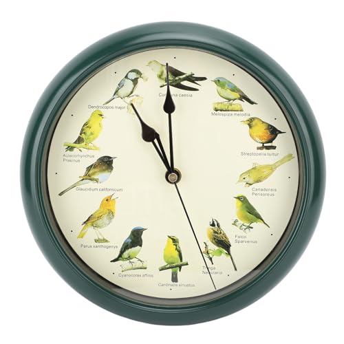 壁掛け時計 鳥のさえずり時計 オリジナル 12羽のネイティブソングバード付き 夜の沈黙時間 オリジナルの自然録音 家の装飾 装飾時計 カチカチ音を立てない (緑)