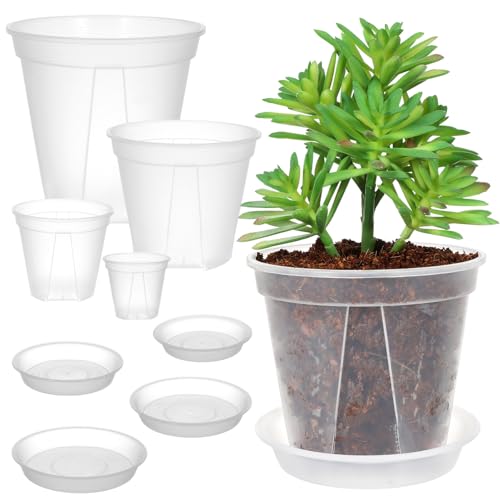 植木鉢 透明 スリット鉢 観葉植物 鉢 4個セット おしゃれ プラスチック 底皿付き 4+5+6+7号｜LAVETT