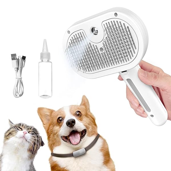ペット ブラシ スチーム ミスト 猫 犬 抜け毛取り 静電防止 蒸気 噴霧式 ワンプッシュ式 水注ぎ瓶付き USB充電式 スリッカーブラシ マッサージ ペットグルーミングブラシ 長毛 短毛 猫犬兼用 (ホワイト 20×12cm)