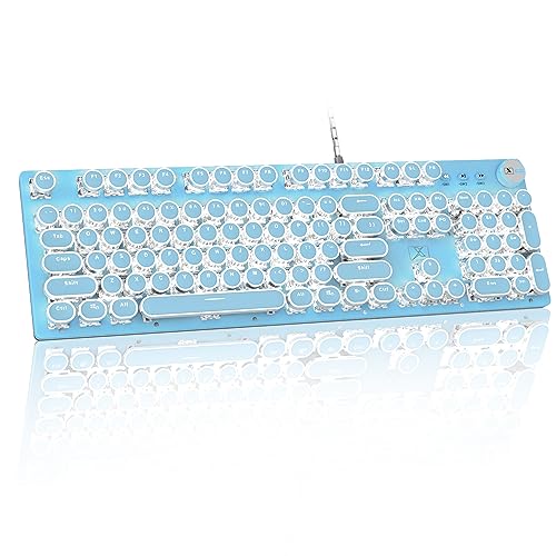 有線パンクキーボード メカニカルキーボードノブ付き レトロなラウンドキーキャップ タイプライター 青軸 104キー フルキーアンチゴースト 白色LED 25種類のバックライトモード USB有線コンピュータキーボード Windows XP / 7 / 8 / 10 / 11 / Mac OS対応 (ブ...