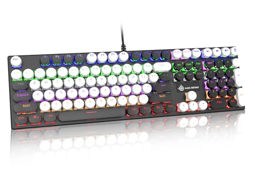 有線パンクキーボード メカニカルキーボードノブ付き レトロなラウンドキーキャップ タイプライター 赤軸 108キー フルキーアンチゴースト 白色LED 25種類のバックライトモード USB有線コンピュータキーボード Windows XP / 7 / 8 / 10 / 11 / Mac OS対応 (ブ...
