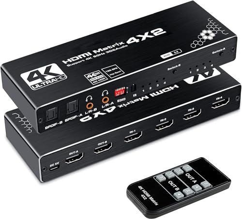 HDMI 行列 4インプット2最終生産物 HDMIうつり変わり器 音吐引きはなす器 光デジタル / SPDIF / L / Rオーディオ最終生産物 遠隔操作捏ち上げる HDMI 2.0b HDCP 2.2 HDR 10 RGB 8:8:8相応う [Switch / なおなお書き5 / Xbox続きものX動くこと突き止める済み]