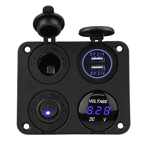 DC12 / 24V 4連防水 スイッチパネル 防水 LEDライト マリンボート ON / OFF トグル 4.2AUSBソケット 電圧計 シガーライター(ブルーライト)