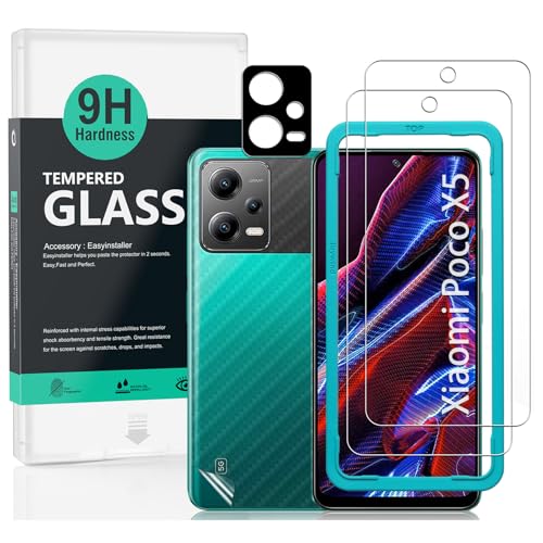 Xiaomi Poco X5 5G 保護フィルム スクリーンプロテクター 強化ガラス 2枚 カメラレンズプロテクター 1枚 裏当 てカーボンファイバーフィルム 1枚 指紋読み取り 取り付け簡単 (6.67インチ) 送料無料