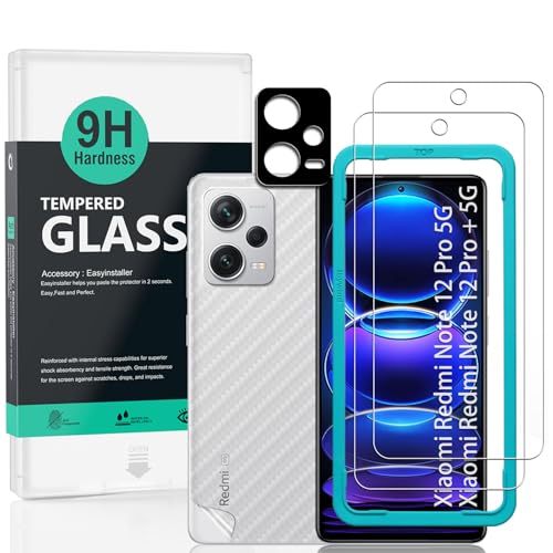 Redmi Note 12 Pro 5G / Redmi Note 12 Pro+ 5G (6.67インチ) 保護フィルム スクリーンプロテクター 強化ガラス2枚 カメラレンズプロテクター1枚 裏当てカーボンファイバーフィルム1枚 [指紋読み取り 取り付け簡単] 送料無料