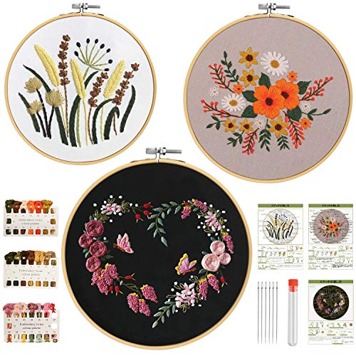刺繍キット 刺しゅう 初心者向け パターンあり 竹製刺繍枠 3本 刺繍糸 刺繍針 6本 刺繍布 3枚