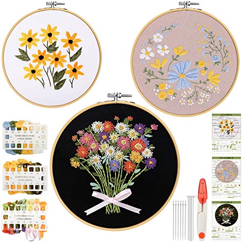 刺繍キット 刺しゅう 初心者 パターンあり 3セット 竹製刺繍枠 3本 15CM / 18CM / 20CM 刺繍糸 刺繍針6本 刺繍布3枚 ハサミ1本 初心者学ぶ 花