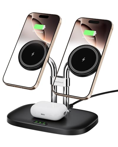 iPhone 16 15 ワイヤレス充電器 デュアル magsafe 充電器 iPhone 16 / 15 / 14 / 13 / 12シリーズ対応 AirPods 4 / Pro 2 / Pro / 3対応 (ブラック)
