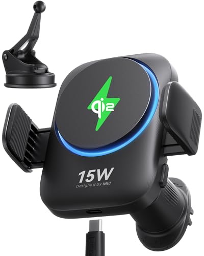 ワイヤレスカーチャージャー Qi2 15W 車載用ワイヤレス充電ホルダー MagSafe対応車載マウントチャージャー 冷却フィン＆RGBライト搭載 iPhone 16 / 15 / 14 / 13 / 12 シリーズのみ [ブラック]