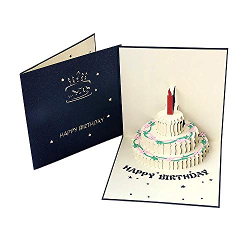 誕生日カード ケーキ 立体カード バースデ グリーティングカード ポップアップカード メッセージカード 感謝 誕生日 お祝い 封筒付き 2色 (ネイビー) 送料無料