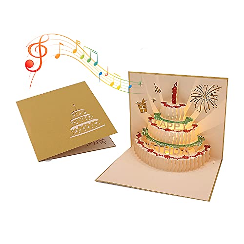 ケーキ 誕生日カード メロディ ライト付き 3D 立体 バースデー カード ポップアップカード グリーティングカード メッセージカード 誕生日 お祝い 封筒付き (ゴールドB) 送料無料