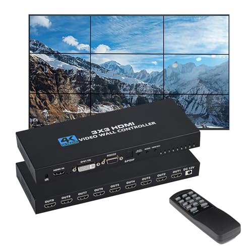3x3 HDMI ビデオウォールコントローラー 4K x 2K 固定ディスク見せびらかす 3x3/ 1x1/ 1x2/ 1x3/ 1x4/ 2x2/ 2x3/ 2x4/ 2x1/ 3x1/ 4x1/ 3x2/ 4x2 1920x1080P 60サイクル HDMI DVI RS232 小間絵インプット 9 最終生産物 遠隔操作付き添い人 縁消し 180°回転させるうつり変わり 13つの見せびらかす流行り物