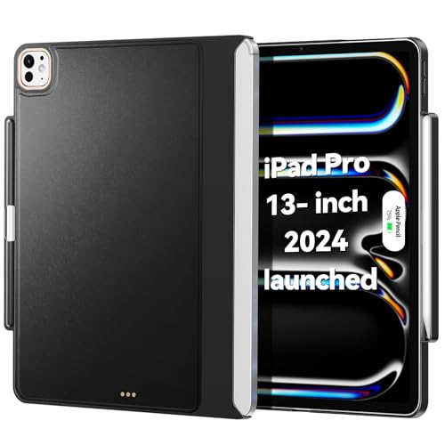 iPad Pro 13インチ ケース M4 2024専用 マジックキーボードに対応 Magic Keyboard/Smart Keyboard Folioに対応 Apple Pencilホルダー付き マグネット付き 磁気吸着 薄型軽量 革 (キーボードなし/Magic Keyboard含ない) ブラック 送料無料